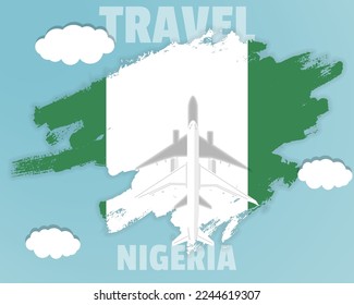 Traveling to Nigeria, top view passenger plane on Nigeria flag with clouds and weather, country tourism banner idea, vector design, brush splash