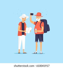 Traveling, old people. Character design. World Travel. Planning summer vacations. Flat design vector illustration.