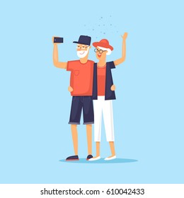 Traveling, old people. Character design. World Travel. Planning summer vacations. Flat design vector illustration.