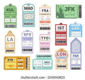 Traveling old tickets baggage retro tags set vector flat illustration. Cardboard badge coupon plane sticker trip boarding paper pass airline information. Passenger destination vacation tourism card