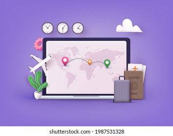 Traveling on airplane, planning a summer vacation, tourism. Online ticket concept. 3D Vector Illustrations.