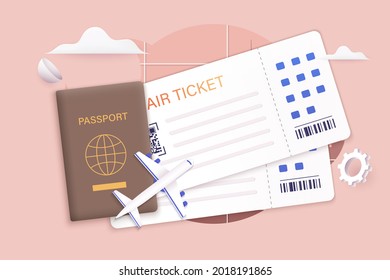 Traveling on airplane, planning a summer vacation, tourism. Online ticket concept. 3D Vector Illustrations