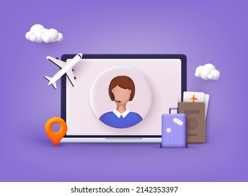 Traveling on airplane, planning a summer vacation, tourism. Online assistant, virtual help service.  3D Vector Illustrations.