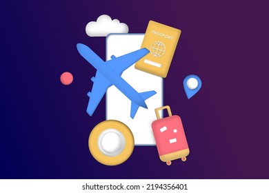 Traveling on airplane, planning for tourism on summer vacation concept. Business trip with passport and travel bag. Online ticket, travel booking and service concept. 3D minimalist vector illustration