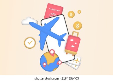 Traveling on airplane, planning for tourism on summer vacation concept. Business trip with passport and travel bag. Online ticket, travel booking and service concept. 3D minimalist vector illustration