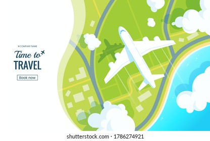 Traveling on airplane vector illustration. Plane flying over the ground in the clouds. View from above. Travel offer banner concept. Aircraft landing. Applicable for voucher, ticket, vacation flyer.