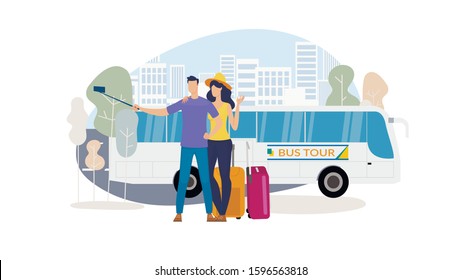 Traveling on Bus, City Excursion Tours Trendy Flat Vector Concept. Happy Couple Shooting Selfie Photo with Cellphone, Wife and Husband with Luggage Going at Romantic Journey on Coach Bus Illustration