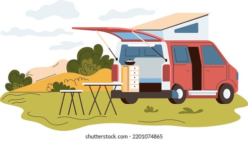 Traveling on camper van in summer, holidays and weekends spent on nature. Trip and adventures, vehicle with conveniences, table and chairs for resting and eating outside. Vector in flat style