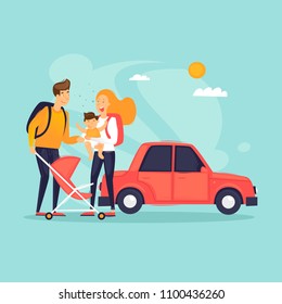 Traveling on a car with a child, adventure, vacation, summer. Flat design vector illustration.