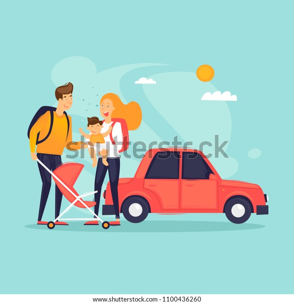 Traveling on a car with a child,\
adventure, vacation, summer. Flat design vector\
illustration.