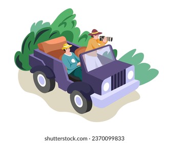 Traveling on jeep looking at animals through binoculars. Ecotourism and trip, vacation or adventure for people in car. Jungles or safari fauna and flora exploration and discovery. Vector in flat style