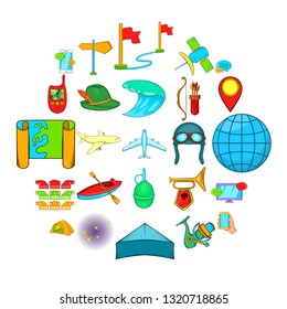 Traveling on the planet icons set. Cartoon set of 25 traveling on the planet icons for web isolated on white background