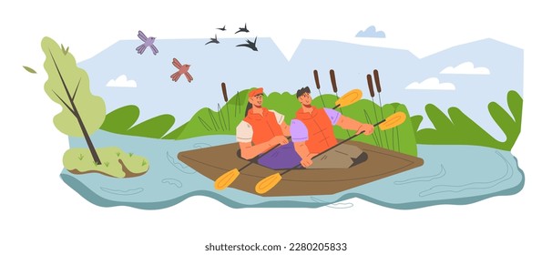 Traveling on the river in a kayak or canoe, flat cartoon vector illustration isolated on white background. People in kayak boat on river or lake. Water activities and sports, tourism and adventure.