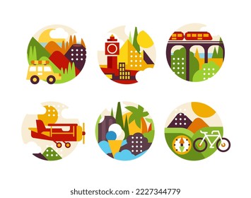 Traveling on vacation set. Transport for summer adventures in circles, bike, car, plane, train cartoon vector illustration