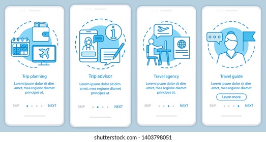 Traveling onboarding mobile app page screen with linear concepts. Travel agency and guide. Four walkthrough steps graphic instructions. Trip planning. UX, UI, GUI vector template with illustrations