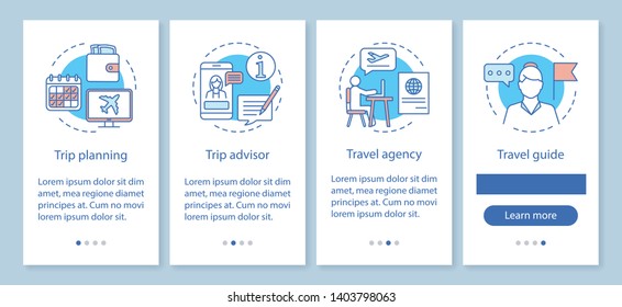 Traveling onboarding mobile app page screen with linear concepts. Travel agency and guide. Trip planning. Four walkthrough steps graphic instructions. UX, UI, GUI vector template with illustrations