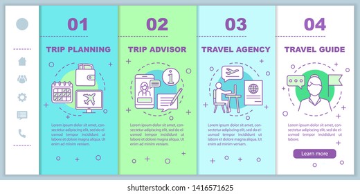 Traveling onboarding mobile web pages vector template. Travel agency. Trip planning. Responsive smartphone website interface idea, linear illustration. Webpage walkthrough step screens. Color concept 