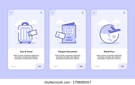 Traveling onboarding screen modern user interface UX UI template for mobile apps smartphone tour and travel passport document world tour with flat style