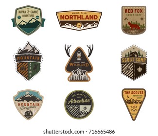 Traveling, Outdoor Adventure Badge Collection. Scout Camp Emblem Set. Vintage Adventure Hand Drawn Design. Stock Vector Illustration, Insignias, Adventure Rustic Patches. Isolated On White Background.