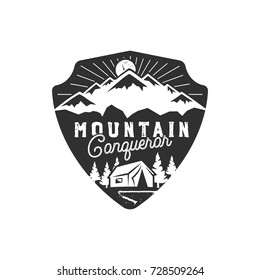 Traveling, outdoor badge. Mountain conqueror emblem. Vintage hand drawn design. Monochrome palette. Stock vector illustration, insignia, rustic patch. Isolated on white background.
