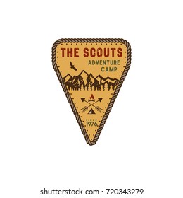 Traveling, Outdoor Badge. Scout Adventure Camp Emblem. Vintage Hand Drawn Design. Retro Colors Palette. Stock Vector Illustration, Insignia, Rustic Patch. Isolated On White Background.