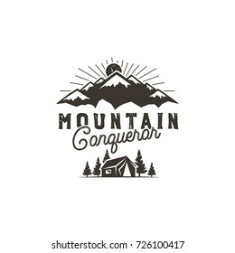 Traveling, outdoor badge. Scout camp emblem. Vintage hand drawn monochrome design. Mountain conqueror quote. Stock vector illustration, insignia, rustic patch. Isolated on white background.