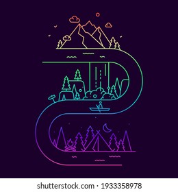 Traveling, outdoor recreation, hiking, camping linear vector illustration concept. Nature, landmark thin line icons composition for t-shirt design. Rainbow colored illustration on navy blue background