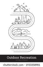 Traveling, outdoor recreation, hiking, camping thin line vector illustration concept. Editable strokes. Nature, map, vacation, landmark thin line icons composition for t-shirt design, web, mobile app.