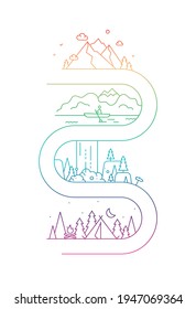 Traveling, outdoor recreation, hiking, camping linear vector illustration concept. Nature, landscape thin line composition for t-shirt design. Rainbow colored illustration isolated on white background