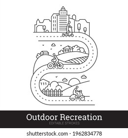 Traveling, outdoor recreation, riding on bike, scooter and motorbike thin line vector illustration concept. Editable strokes. Urban, rural area landscape composition for t-shirt design, mobile app.