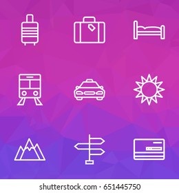 Traveling Outline Icons Set. Collection Of Bedstead, Luggage, Tram And Other Elements. Also Includes Symbols Such As Signpost, Hate, Tram.
