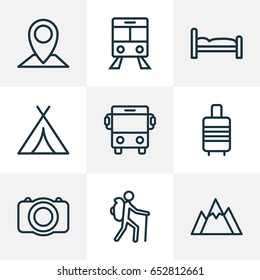 Traveling Outline Icons Set. Collection Of Auto, Suitcase, Canopy And Other Elements. Also Includes Symbols Such As Car, Photo, Pin.