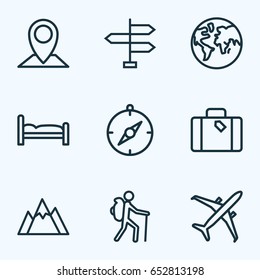 Traveling Outline Icons Set. Collection Of Luggage, Earth, Hill And Other Elements. Also Includes Symbols Such As Baggage, Furniture, Arrow.