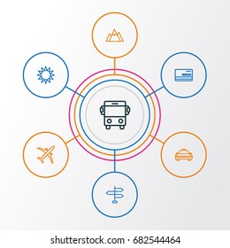 Traveling Outline Icons Set. Collection Of Taxi, Hill, Credit And Other Elements. Also Includes Symbols Such As Signpost, Direction, Taxi.