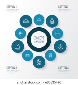 Traveling Outline Icons Set. Collection Of Ship, Traveler, Tram And Other Elements. Also Includes Symbols Such As Sail, Tourist, Tram.
