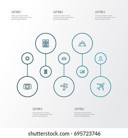 Traveling Outline Icons Set. Collection Of Sunny, Certificate, Hill And Other Elements. Also Includes Symbols Such As Mountain, Card, Pin.