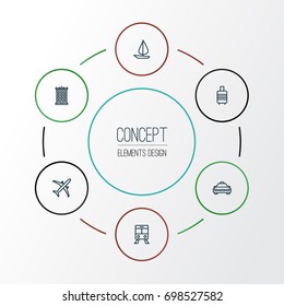 Traveling Outline Icons Set. Collection Of Taxi, Ship, Building And Other Elements. Also Includes Symbols Such As Cab, Aircraft, Baggage.