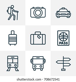 Traveling Outline Icons Set. Collection Of Video, Suitcase, Taxi And Other Elements. Also Includes Symbols Such As Direction, Photo, Taxi.