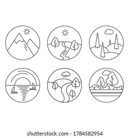 Traveling outline icons set journey and vacation collected in form of round isolated on white background