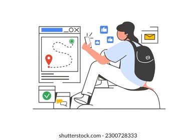 Traveling outline web concept with character scene. Woman with backpack tracking route in mobile app. People situation in flat line design. Vector illustration for social media marketing material.