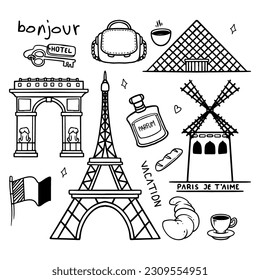 Traveling Paris France doodle drawing set. Hand drawn City and objects.