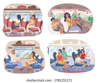 Traveling passengers inside of train, bus, plane and car, vector flat isolated illustration. Male and female characters traveling using various transport means. Road and flight trip.