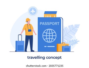 traveling passport concept, holiday, man with a bag, airplane passport and ticket, tourist, flat illustration vector