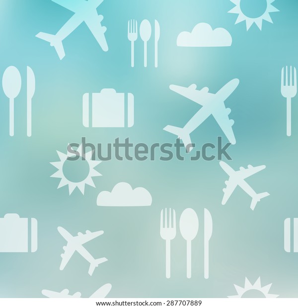 Traveling pattern. Retro travel icons.\
Blurred background. Vector\
illustration.