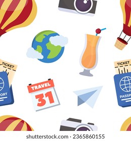 traveling pattern. traveling staff camera ticket passport cap luggage air balloon sunglasses plane guitar shorts flip flops, tourism, camping, vacation trip. vector cartoon items set.