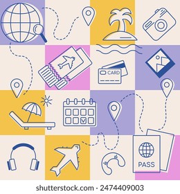 Traveling pattern, summer beach vacation collection, vector elements. Active tourism poster, travel icons. For journey, trip provides, banner, card. Vacation background, travel guide, trip appliance.