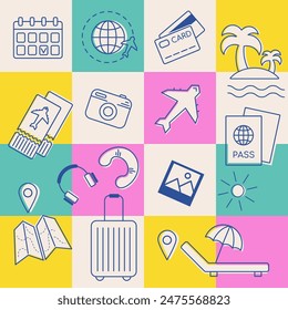 Traveling pattern, summer beach vacation collection, vector elements. Active tourism poster, with travel icons. For journey, trip provides, banner, card. Travel guide background, trip appliance set.