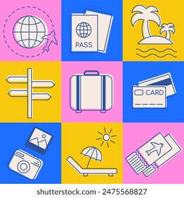 Traveling pattern, summer beach vacation collection, vector elements. Vacation background, trip appliance set. Active tourism icons for tour, camping providers, summer camp, trip, journey abroad.