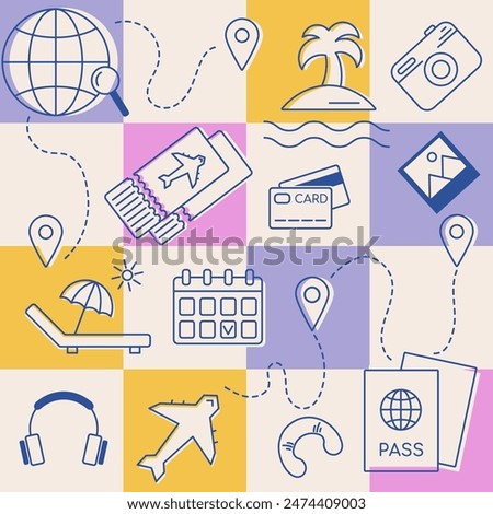 Traveling pattern, summer beach vacation collection, vector elements. Active tourism poster, travel icons. For journey, trip provides, banner, card. Vacation background, travel guide, trip appliance.