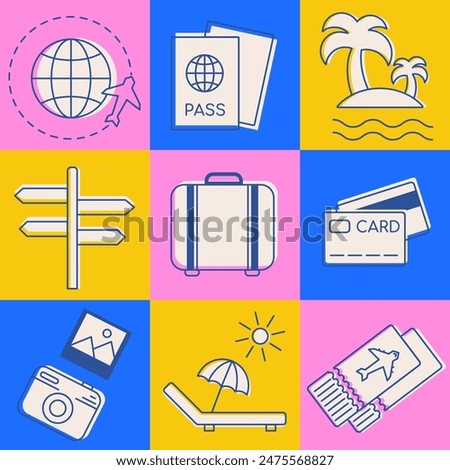 Traveling pattern, summer beach vacation collection, vector elements. Vacation background, trip appliance set. Active tourism icons for tour, camping providers, summer camp, trip, journey abroad.